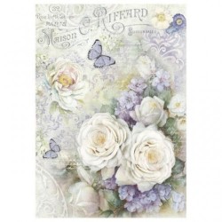 Stamperia A4 Rice Paper - WHITE ROSES AND LILAC BUTTERFLIES